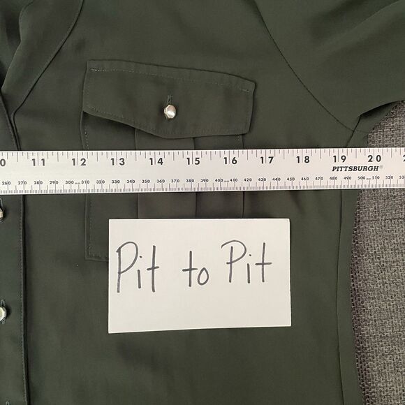 Express Portofino Button Down Top Green Chiffon Roll Tab Sleeve V-Neck Medium - Picture 6 of 9